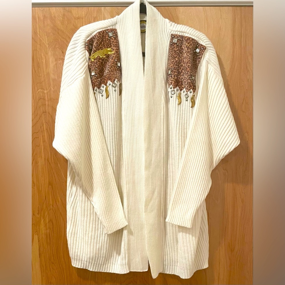 White Ribbed Cardigan with Leopard Accents